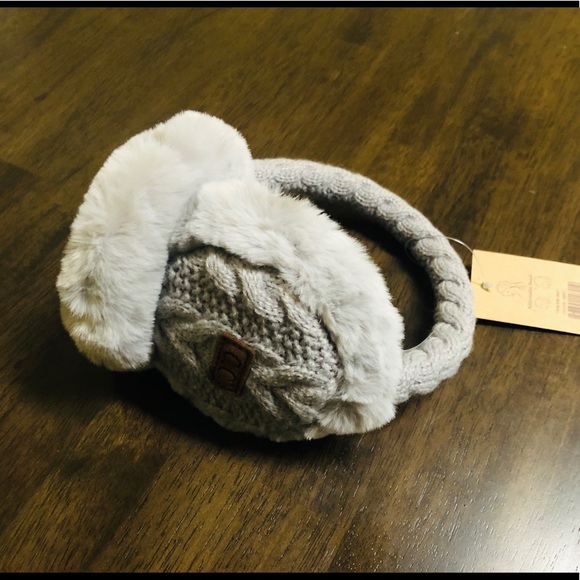 C.C Grey Cable Knit Ear Muffs w/Faux Fur - Picture 2 of 6